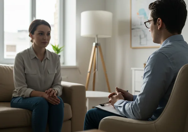 Person talking to a therapist, showing professional anxiety help.