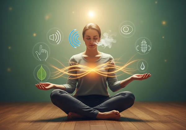 Person practicing grounding technique and deep breathing calmly