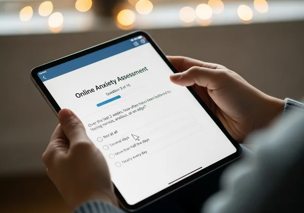Person taking an online anxiety assessment on a tablet