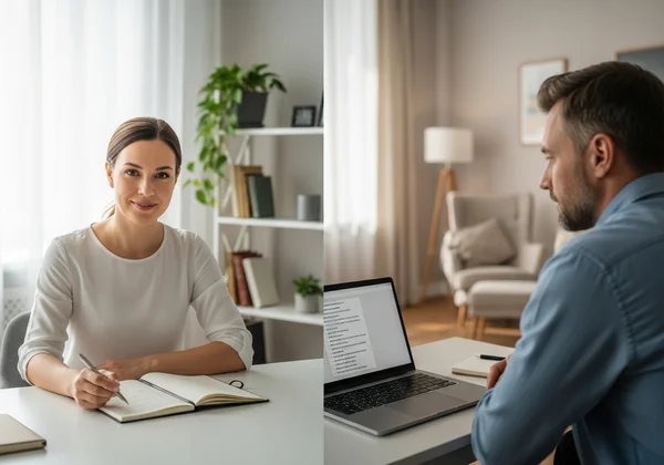 Therapist and client engaged in a supportive consultation.