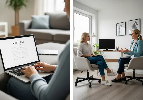 Woman taking online anxiety test on laptop at home