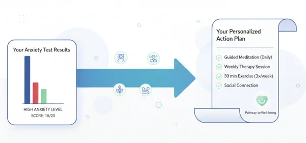 Diagram showing path from anxiety test to action plan